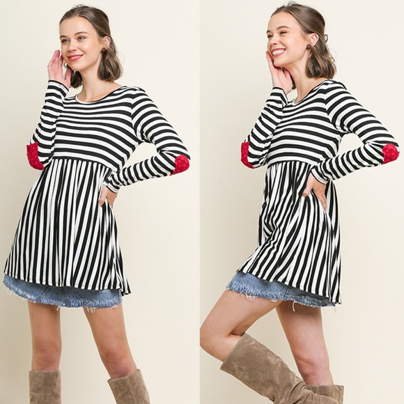 Babydoll Striped LS Tunic Top Red Heart Elbows S - Picture 2 of 8